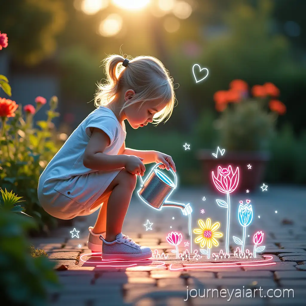 Girl-with-flowers-drawingLittle-Girl-with-Watering-Can-and-Neon-Flower-Garden-Drawing