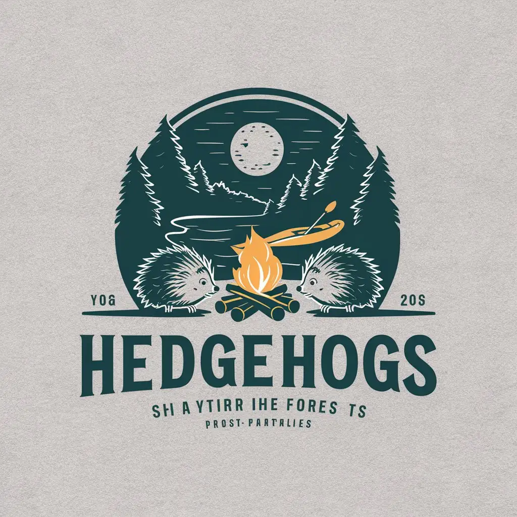 a vector logo design,with the text "hedgehogs", main symbol:hedgehogs in the forest by the campfire under the moon near the river, behind the kayak,Moderate,clear background