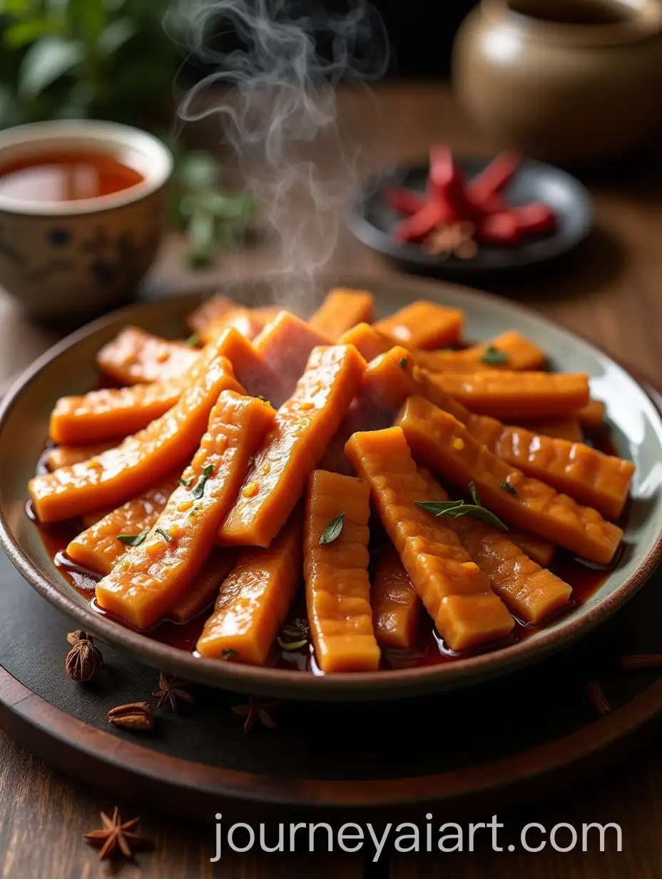 Traditional-Chinese-Braised-Chicken-Tendons-on-Rustic-Wooden-Tray-with-Vintage-Teacup