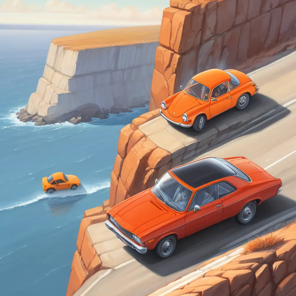 Red and Orange Cars Racing Towards Cliff Edge