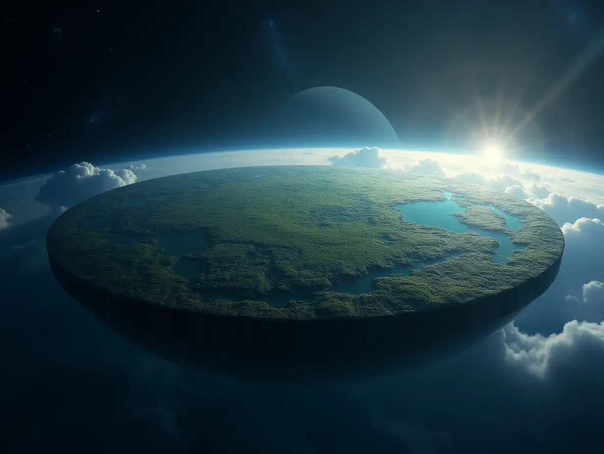 Depict the concept of a flat Earth as a large, floating disc in space. The water is protected from falling off the edges by the Antarctic wall, like in a basin. The entire Earth is covered by a dome. In the center, there is green land with oceans, forests, and mountains, all under a dome filled with clouds and stars. The flat Earth is surrounded by the darkness of space, which is filled with bright stars and distant planets in the background. Create an atmosphere of tranquility and harmony with soft, natural lighting. Realistic, 4K, high detail grade