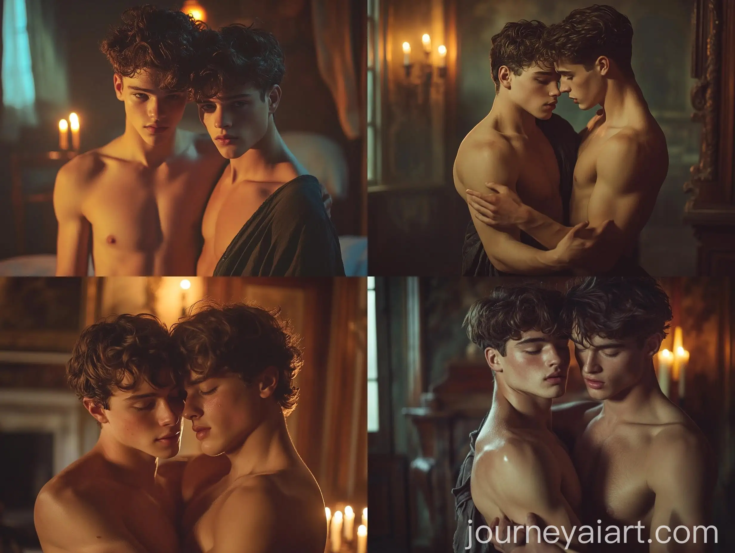 Two-Young-Men-Embracing-Shirtless-in-Vintage-1807-Room