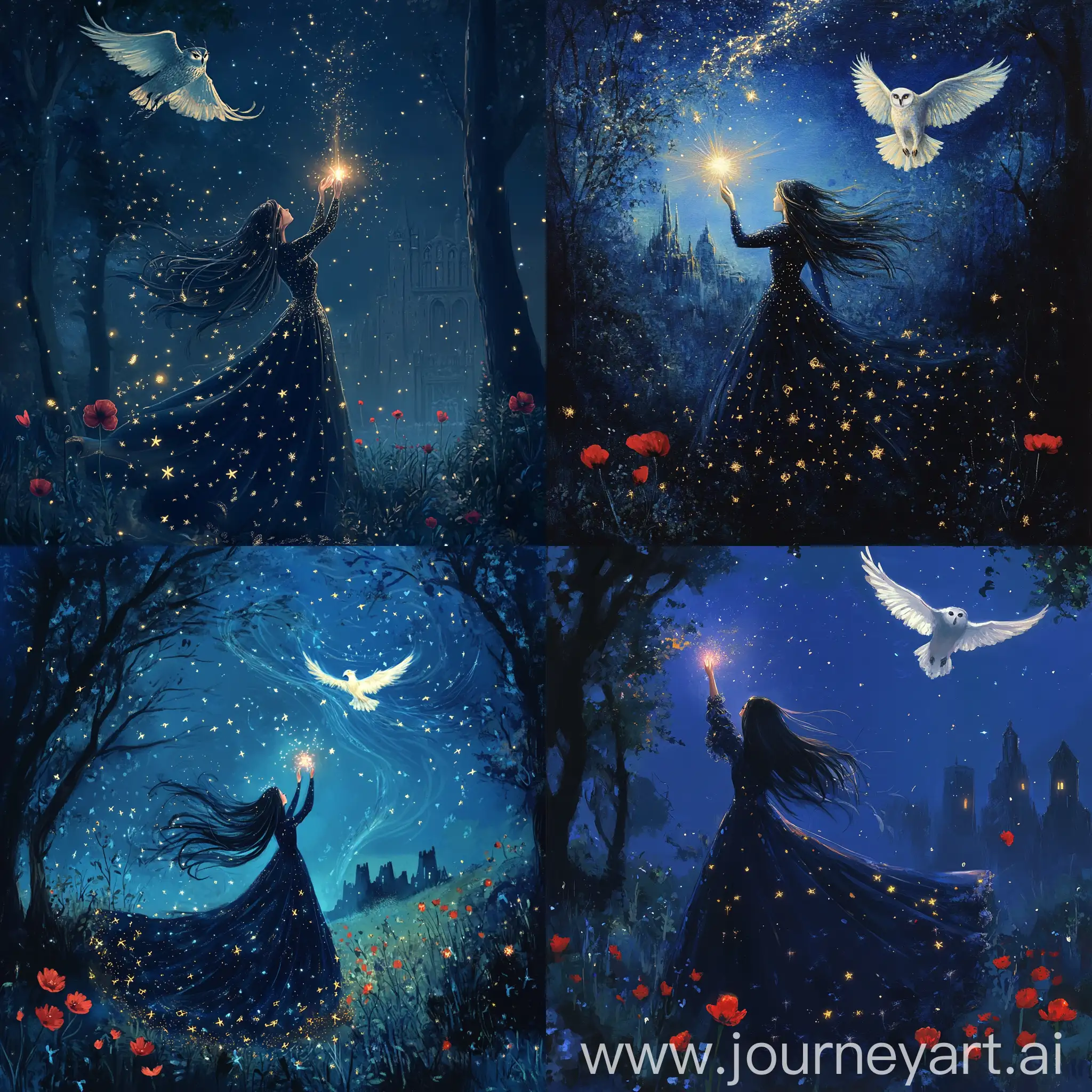 Girl-in-Dark-Blue-Dress-with-Crystal-and-Owl-in-Magical-Forest