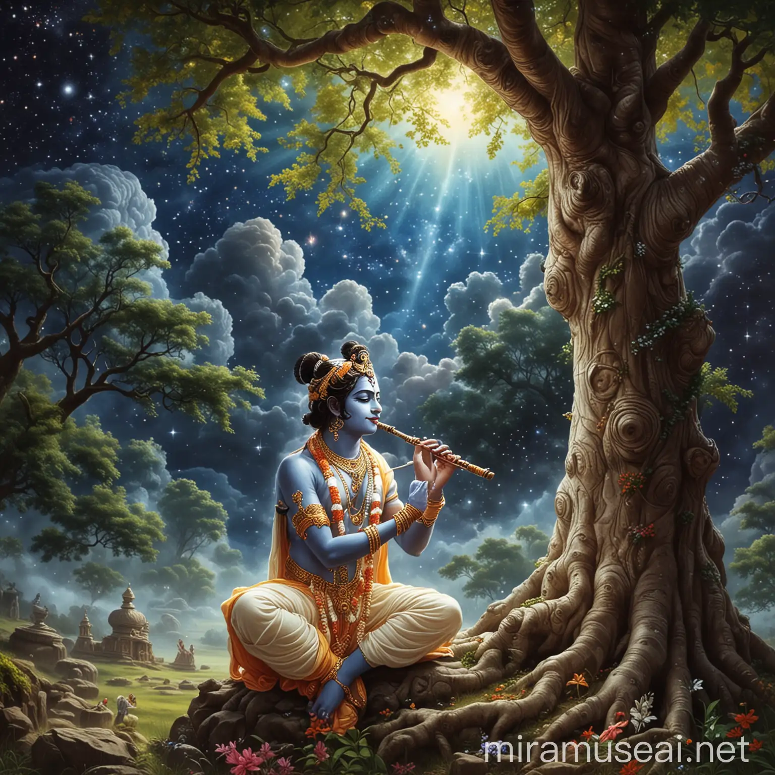 Lord Krishna Playing Flute Under the Universe Tree