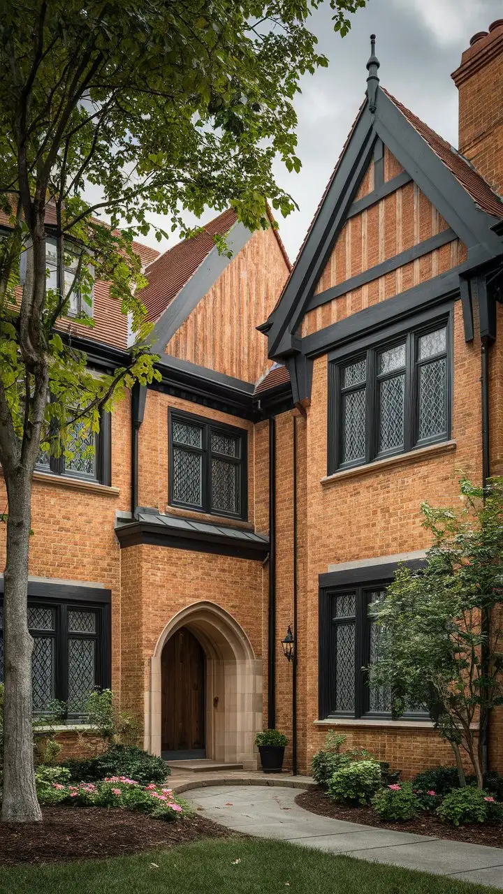 Elegant-Tudor-Style-Brick-House-with-Lush-Landscaping-and-Dark-Wood-Trim