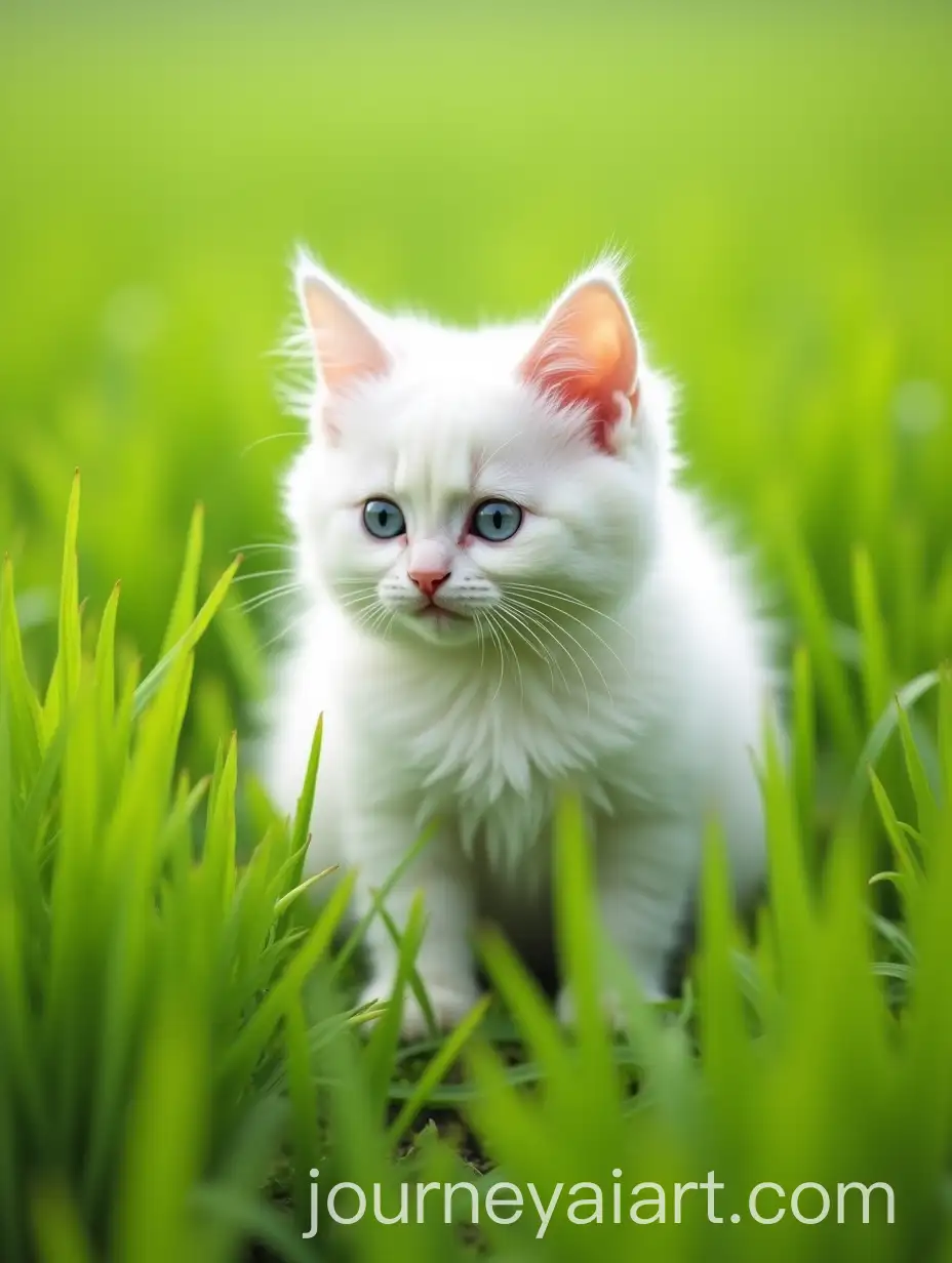 Overweight-White-Angora-Kitten-Standing-in-Lush-Indonesian-Rice-Field