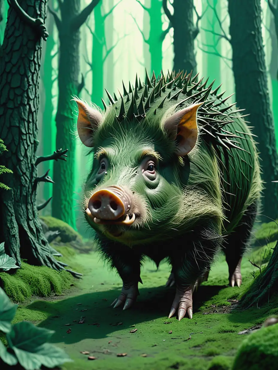 Fantasy Movie Scene Prickly Boar in Enchanted Forest