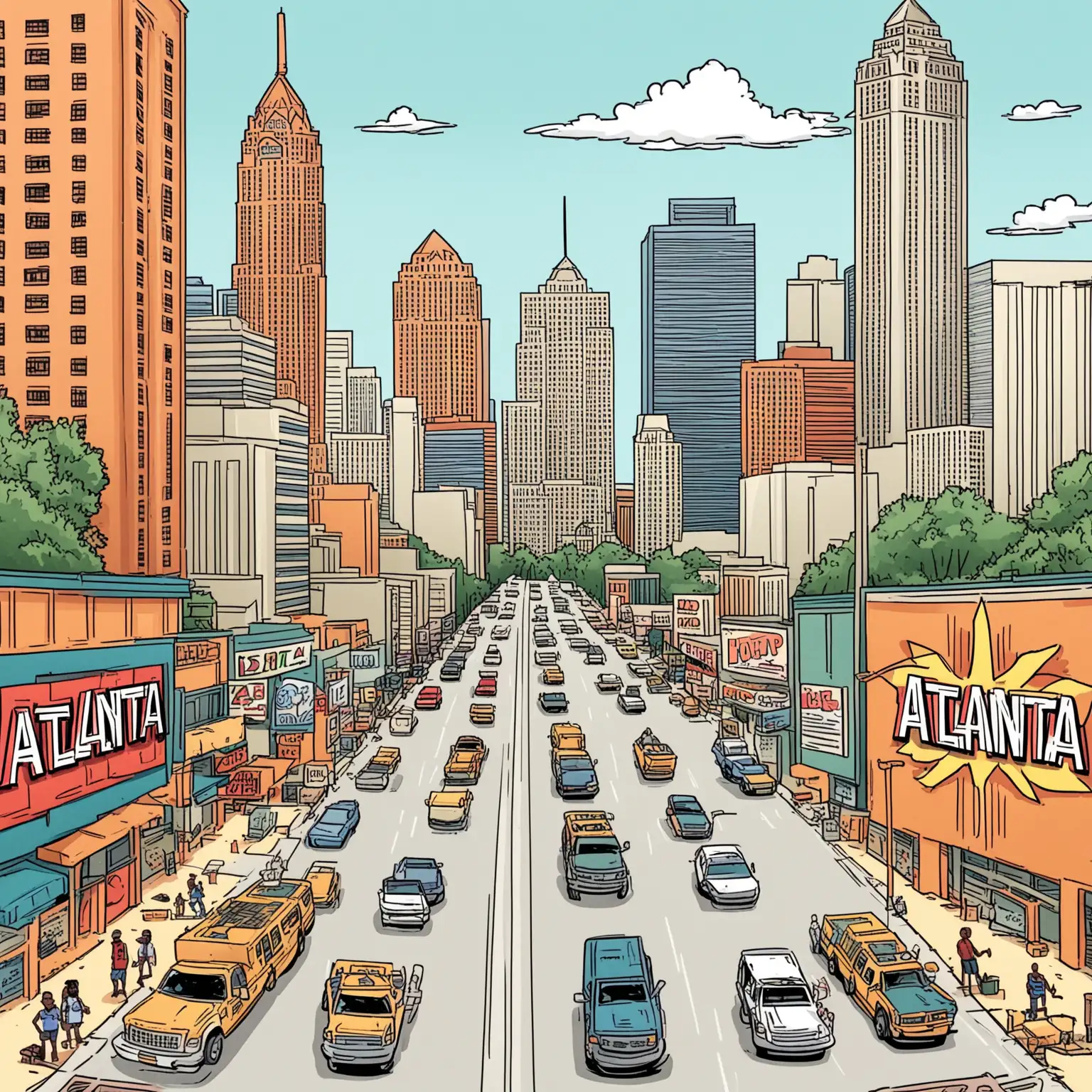 Colorful Cartoon Illustration of Atlanta Cityscape with Vibrant Skyline and Iconic Buildings