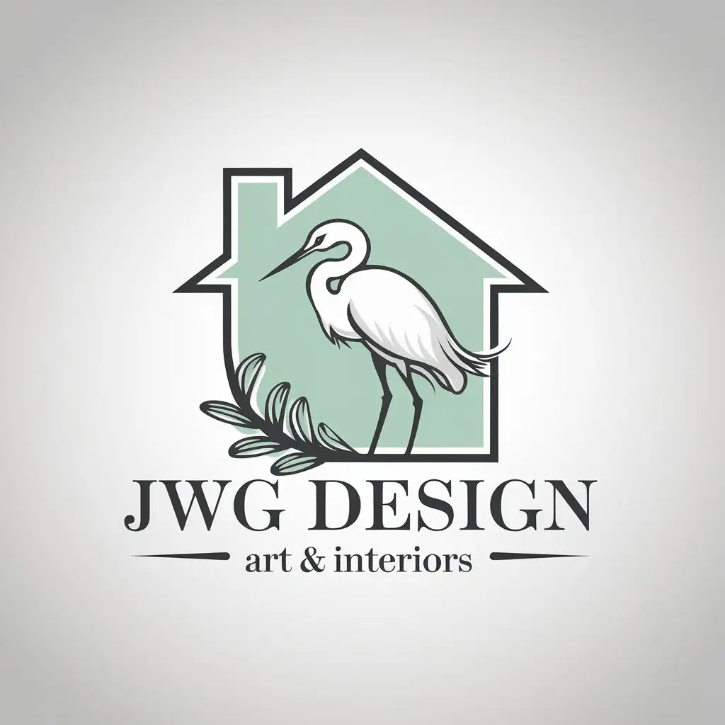 LOGO Design for JWG Design Elegant Egret and Home Outline in White Black and Mint Green