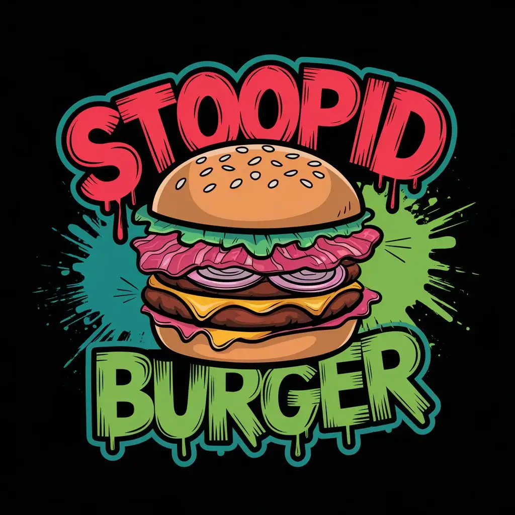 LOGO Design for Stoopid Burger Neon Cartoon Burger with Bold Text and Dripping Effects