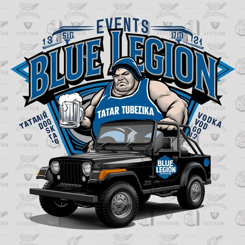 a logo design,with the text "Blue Legion", main symbol:Blue, heavyset man, with a beer mug, in a Tatar tubeteika, against a black jeep, logo inscribed on the vodka label,complex,be used in Events industry,clear background