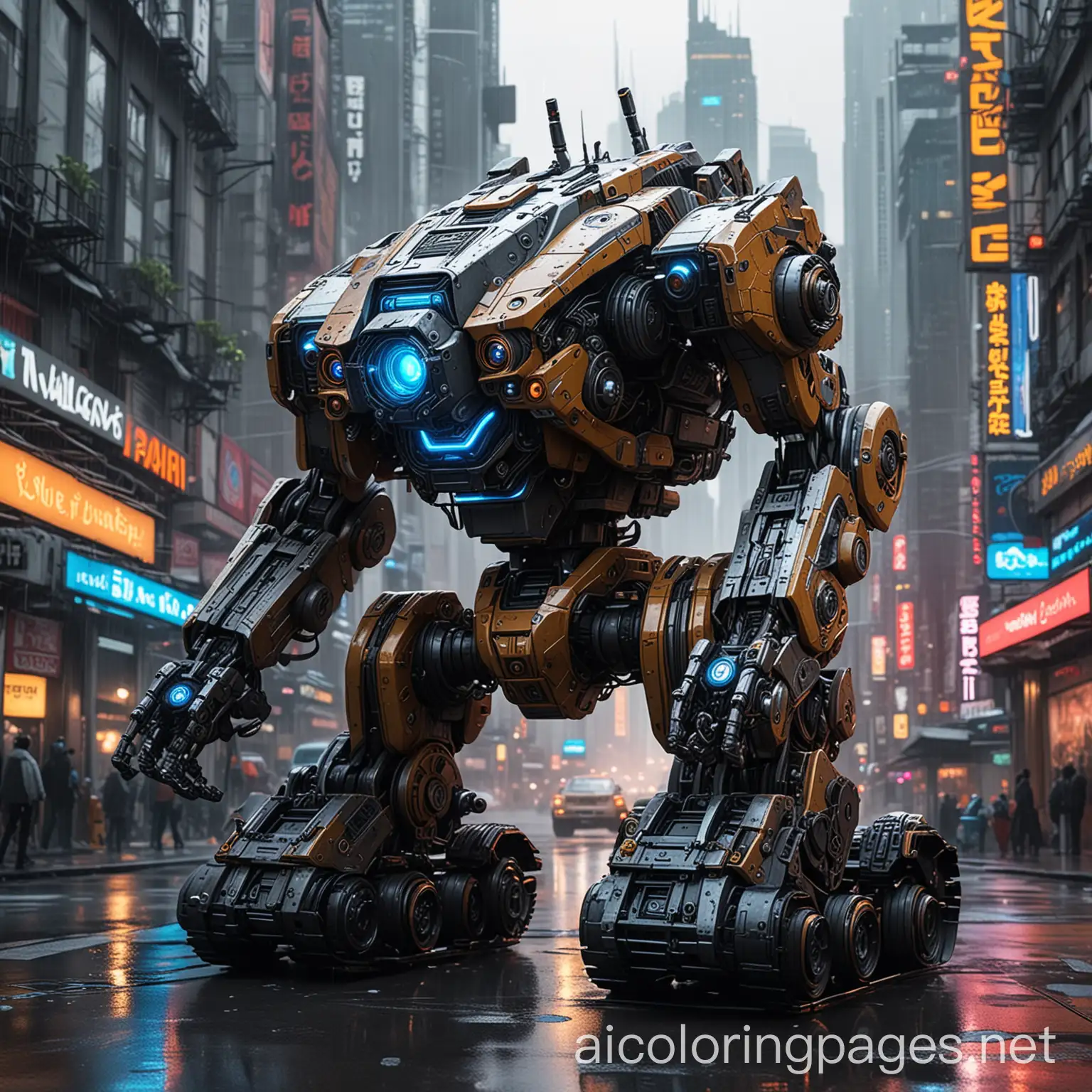 Cyberpunk-Mech-Vehicle-in-Rainy-City-Scene