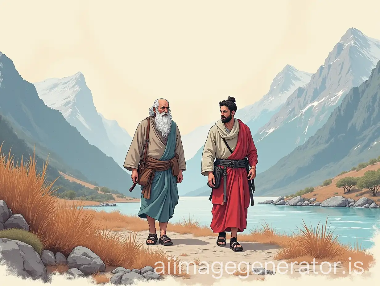 Old-Bearded-Sage-and-Young-Man-Walking-Through-Mountainous-Landscape-with-River