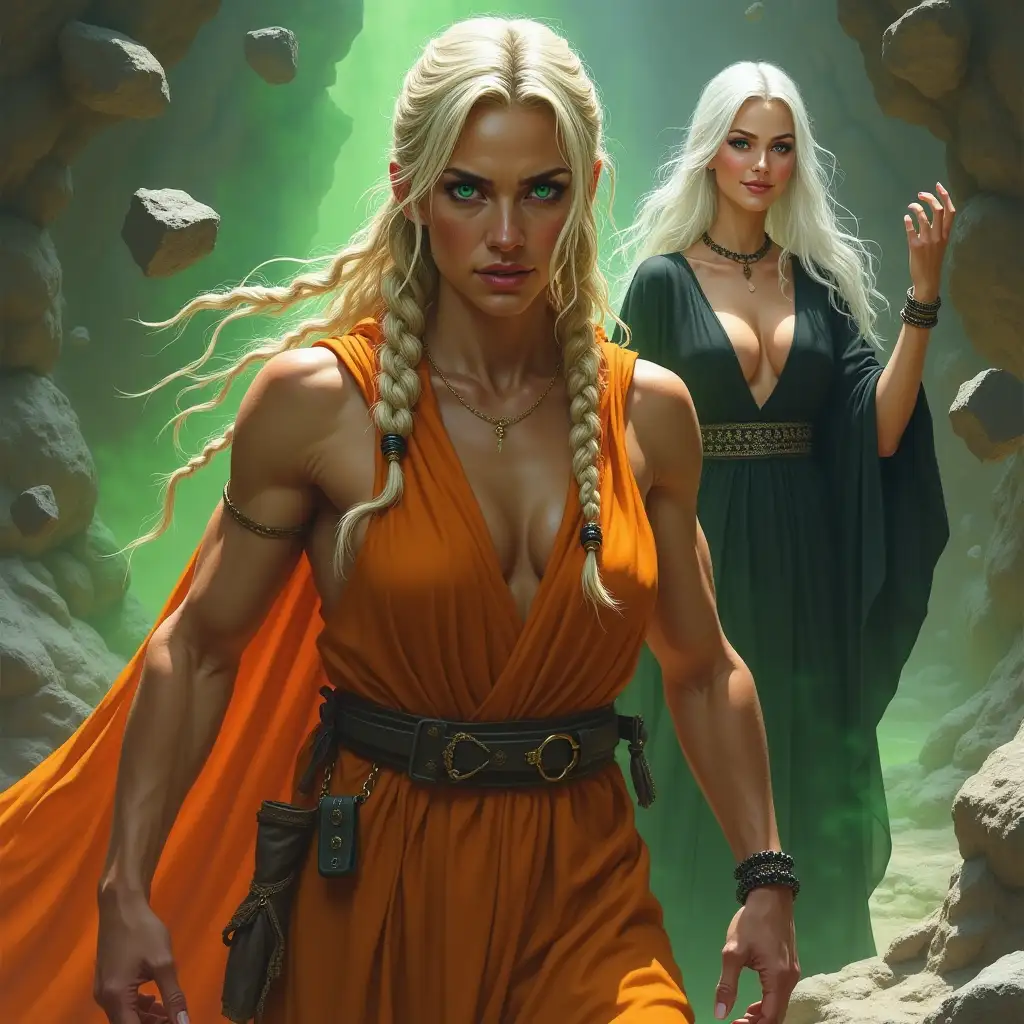 Strong-Muscular-Woman-with-Power-Over-Rocks-and-Seductive-Woman-with-Green-Energy