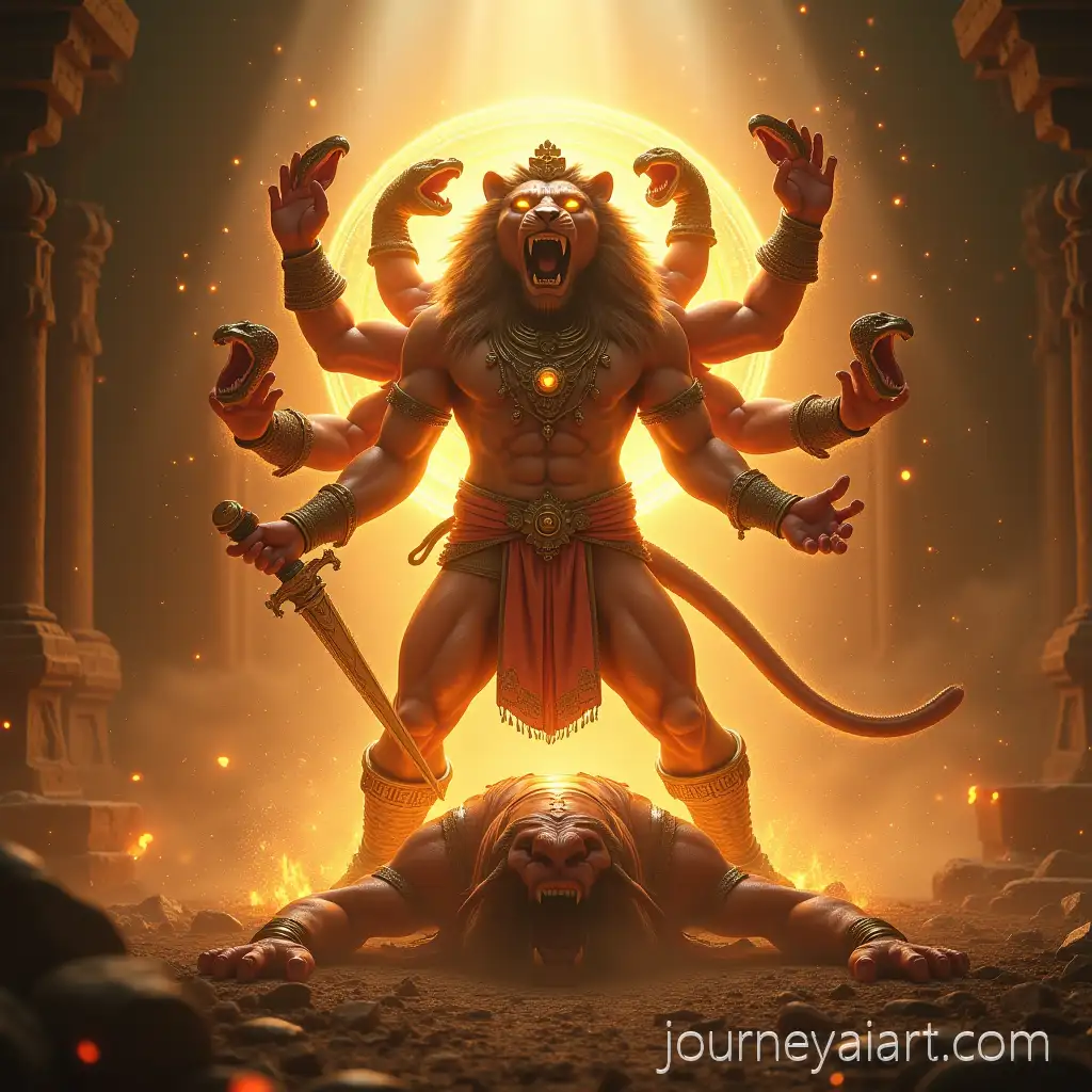 Divine-Lord-Narasimha-DefeNarasimha-divine-battle-sceneating-Demon-in-Mythological-Battle