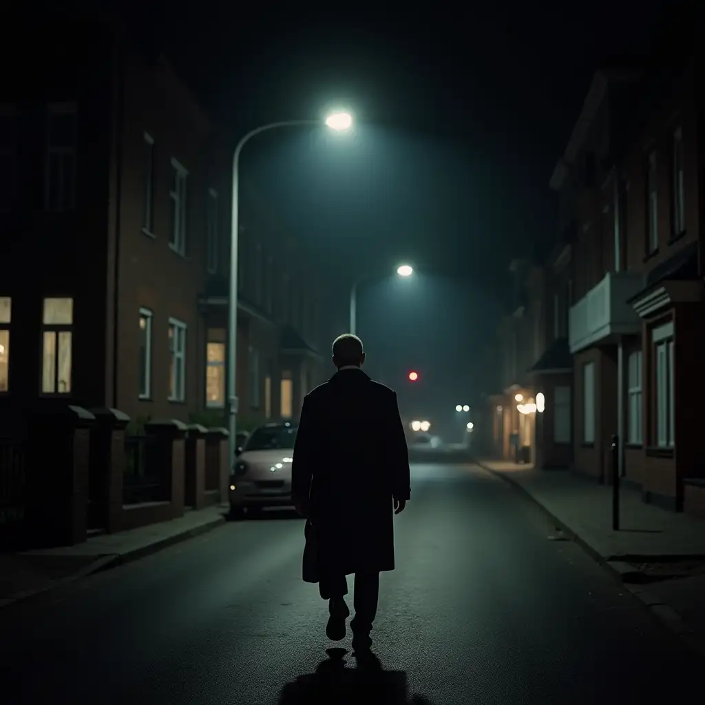 Old man walking in the street alone at night