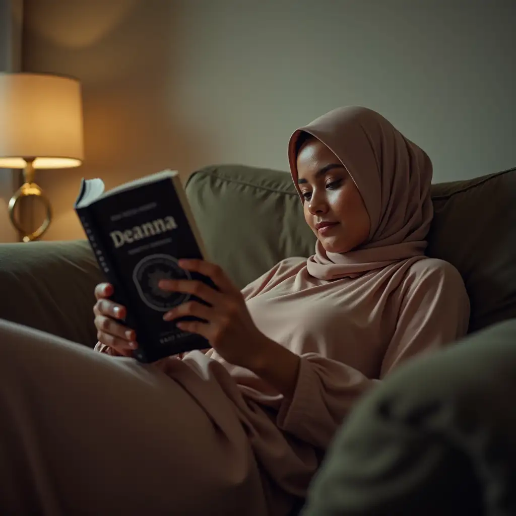 Muslim-Woman-Reading-Deanna-Novel-on-Modern-Couch