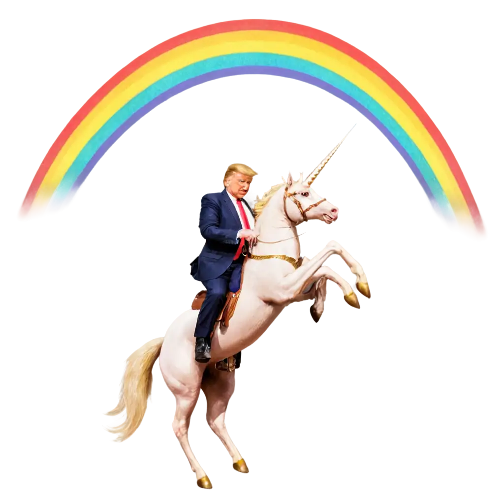 Donald trump riding a unicorn over a rainbow