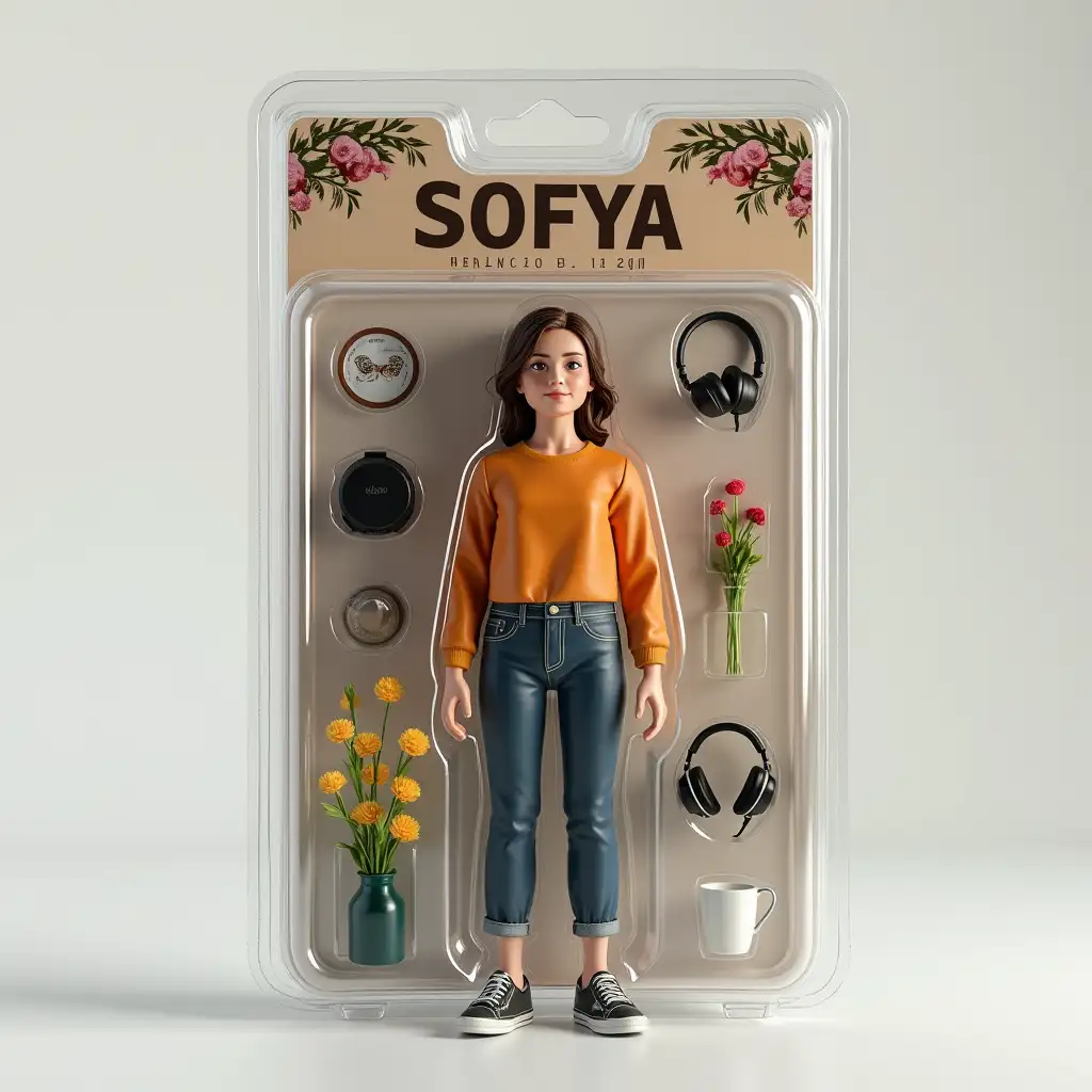 Use this photo of me to create an action figure of myself in a blister pack, in the style like a premium collectible toy. The figure should be standing up and have a relaxed, friendly smile. The blister pack should have a header with the text [SOFYA] in large letters and a subheading of [MADE IN RUSSIA] below it. Include accessories in compartments to the side of the figure: matcha, icon, headphones, bush roses