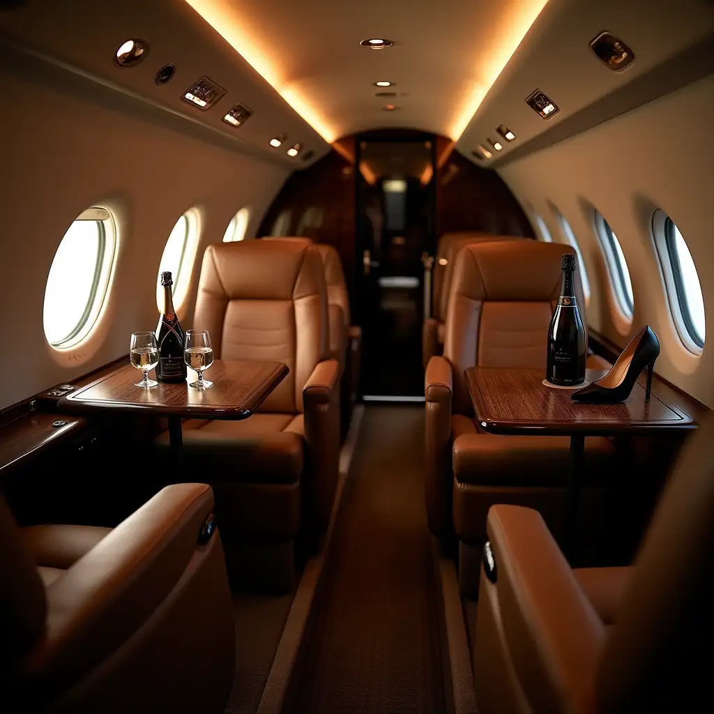 Luxurious-Private-Jet-Interior-with-Champagne-and-Elegant-Accessories-at-Night