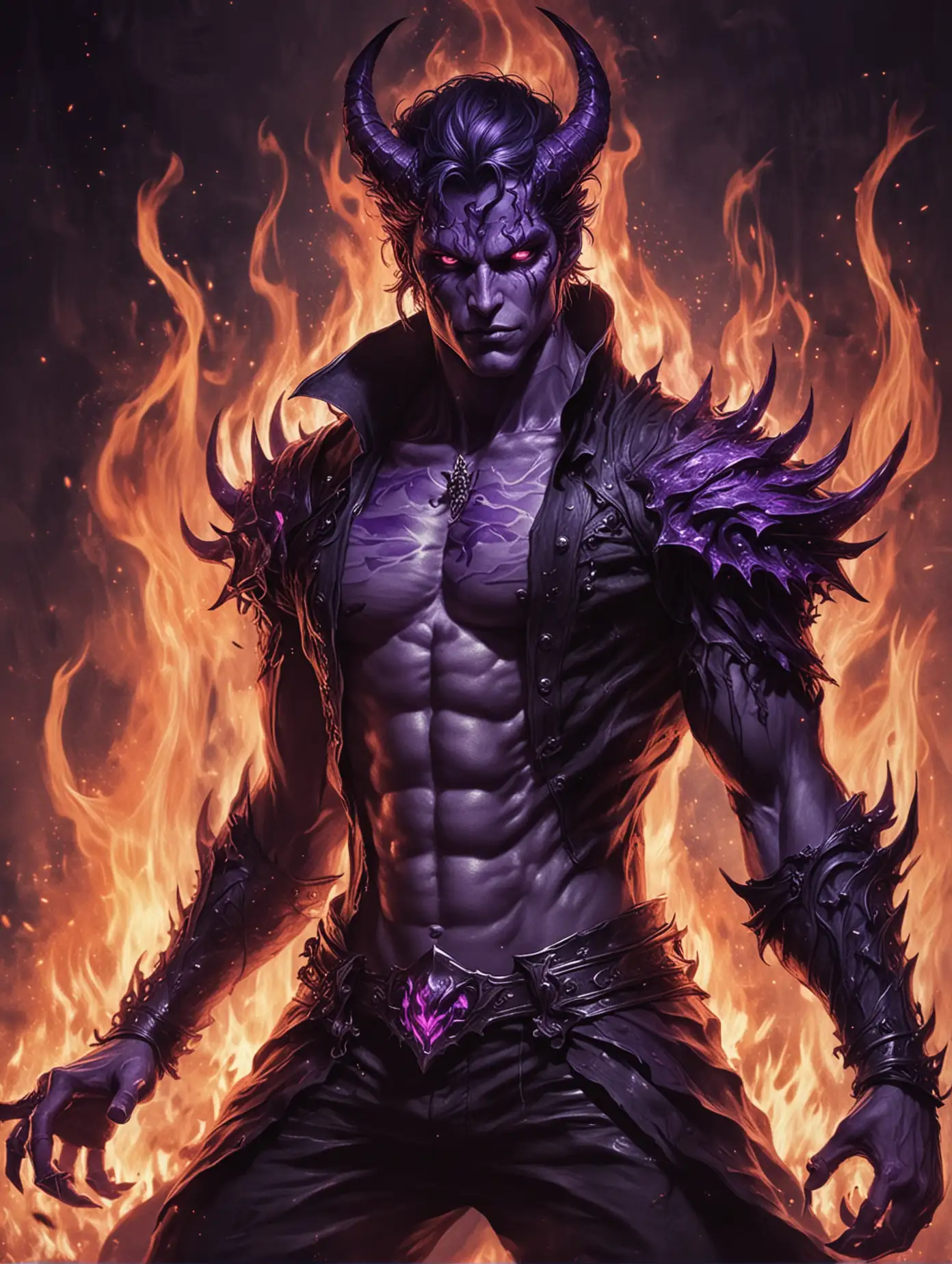 Handsome Demon Prince Man Surrounded by Purple Flames