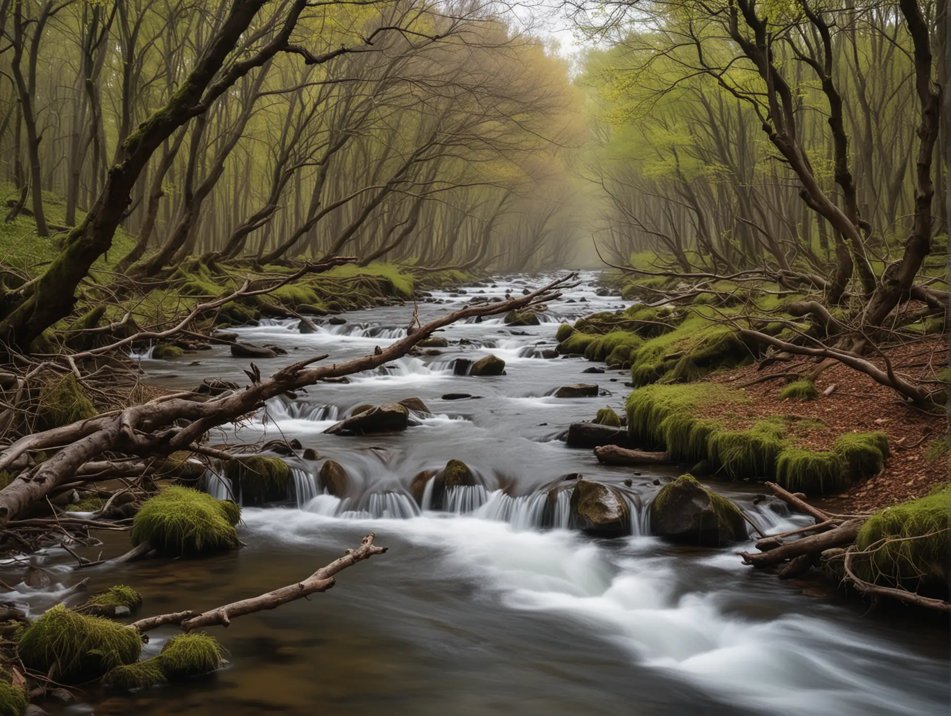 long exposure photography. beautiful landscape with a turbulent stream and a grove with branches bent by the wind. premium photography, dslr, 4k 8k uhd. 