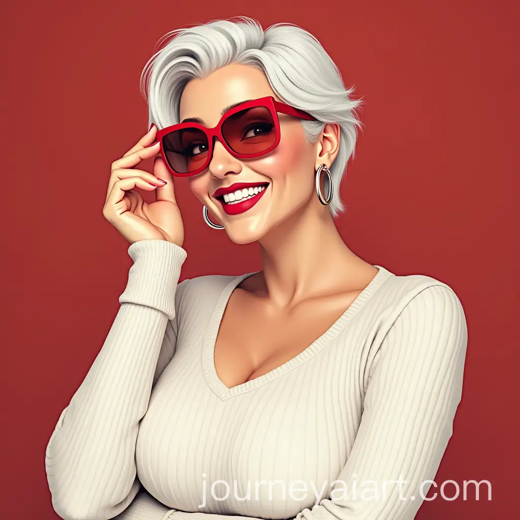 Mature-Woman-with-Red-Sunglasses-and-Red-Lips-Smiling-in-a-White-Sweater