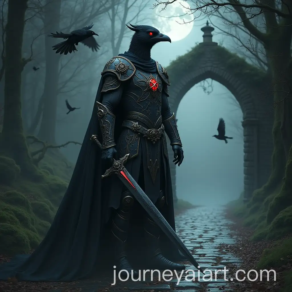 Dark-Fantasy-Warrior-with-Black-Drongo-Head-in-Eerie-Misty-Forest