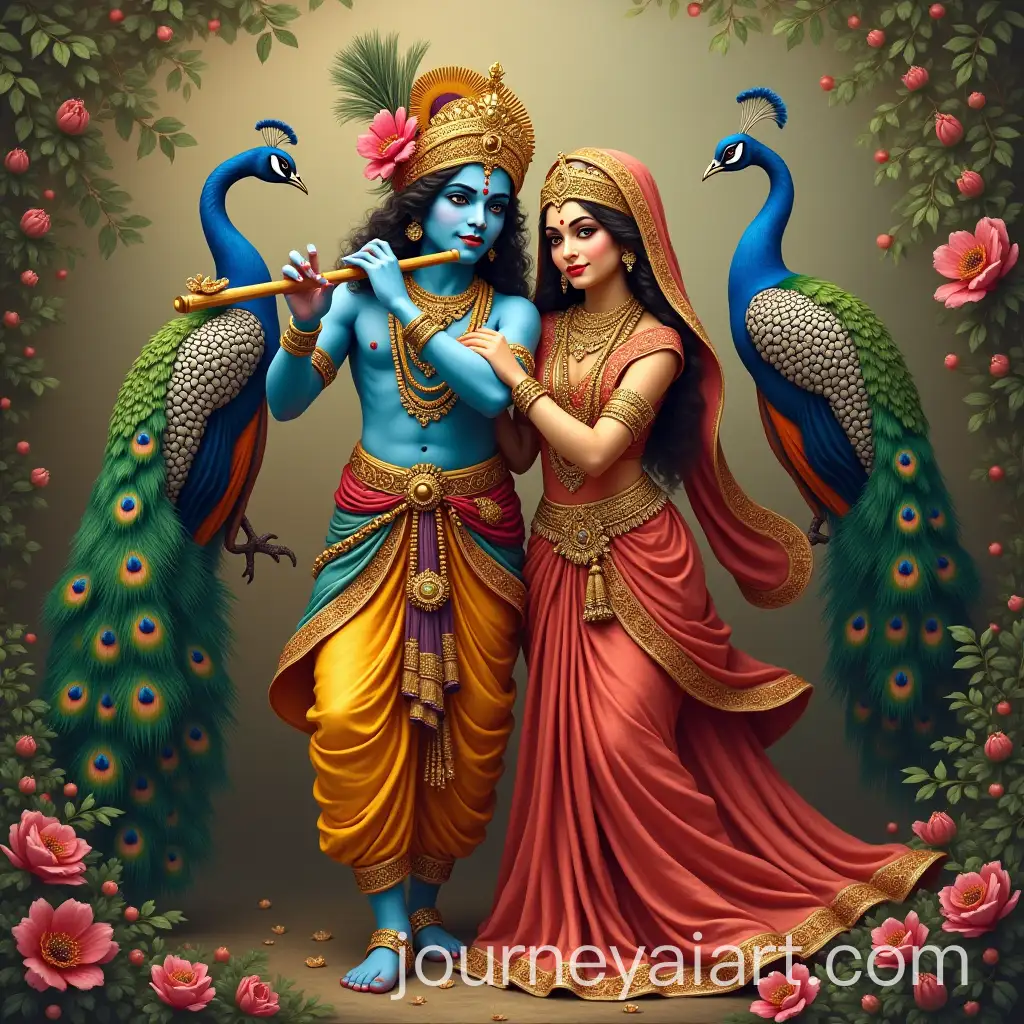 Krishna-and-Radha-in-Traditional-Indian-Attire-with-Peacocks-and-Flute