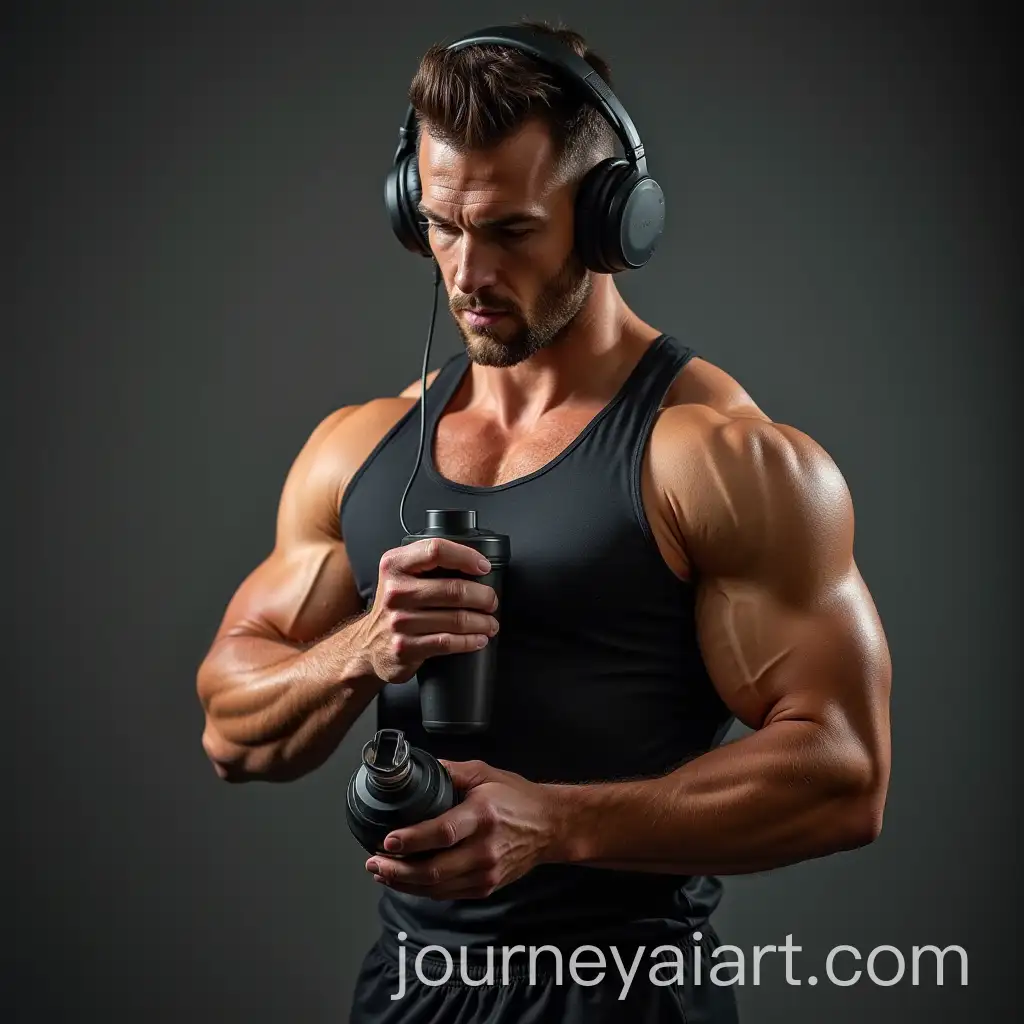 Muscular-Man-with-Shaker-and-Headphones-in-Gym-Wear