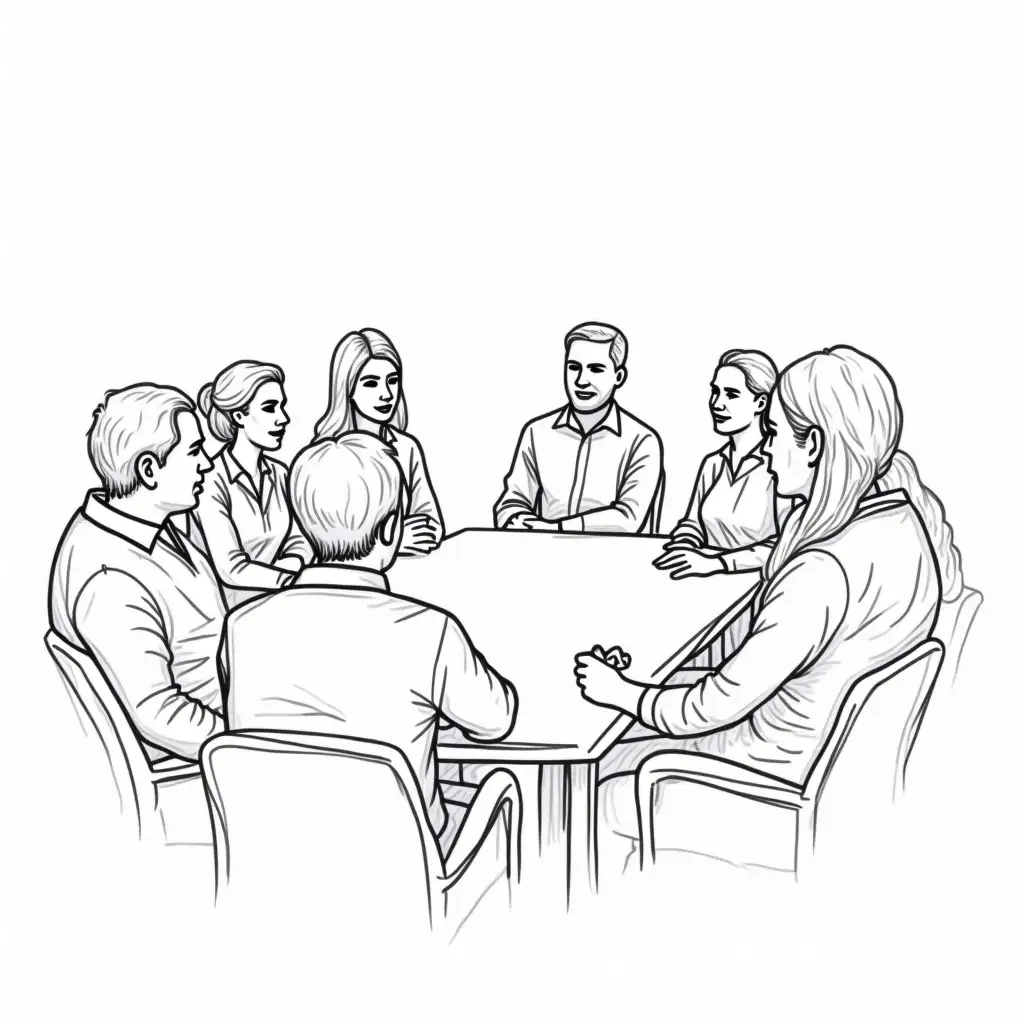 HandDrawn-Meeting-Illustration-with-Multiple-Participants-in-Black-and-White