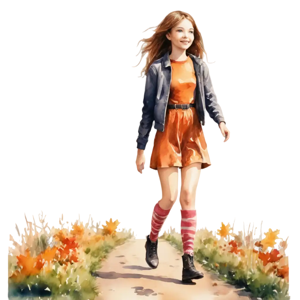 Watercolor-Picture-of-Girl-Walking-in-Autumn-Garden-PNG-Image-in-4K-Resolution