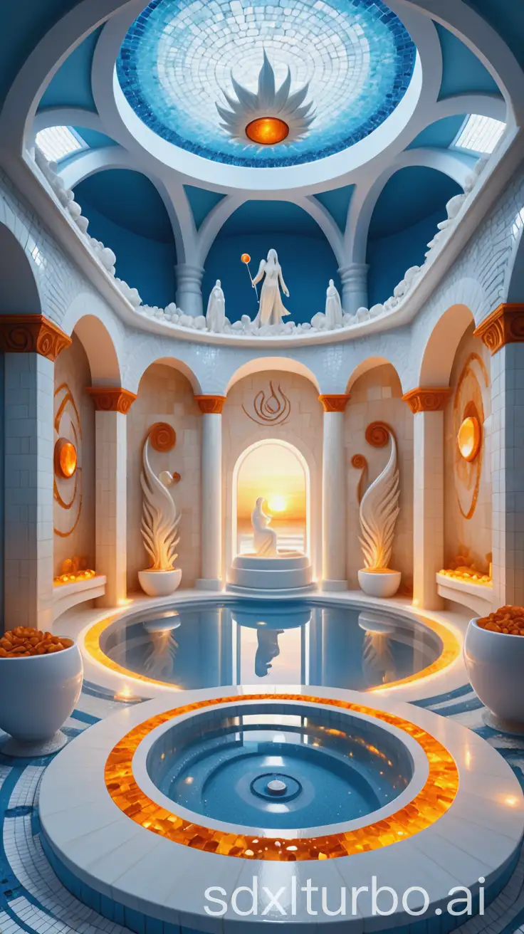 a magical atlantide spa in atlantean style, with adorned white stone and amber sculptures, many magical signs on walls, crystals, cups, blue and white pool mosaic, sunset atmosphere, highly detailed