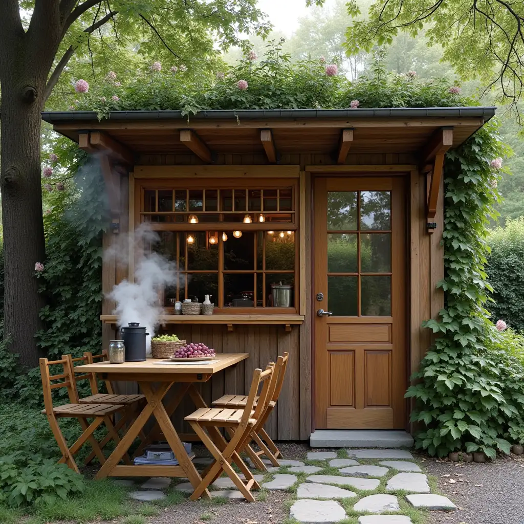 wooden kiosk with glass windows and trees next to it flowers and a wooden table in front of it with a basket of grapes and smoke rising from the heater