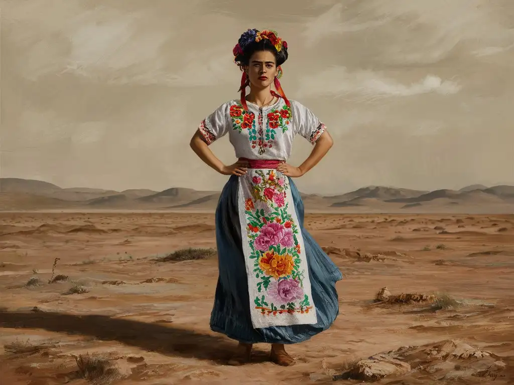 Lonely-Woman-in-a-Barren-Desert-Landscape-in-the-Style-of-Frida-Kahlo