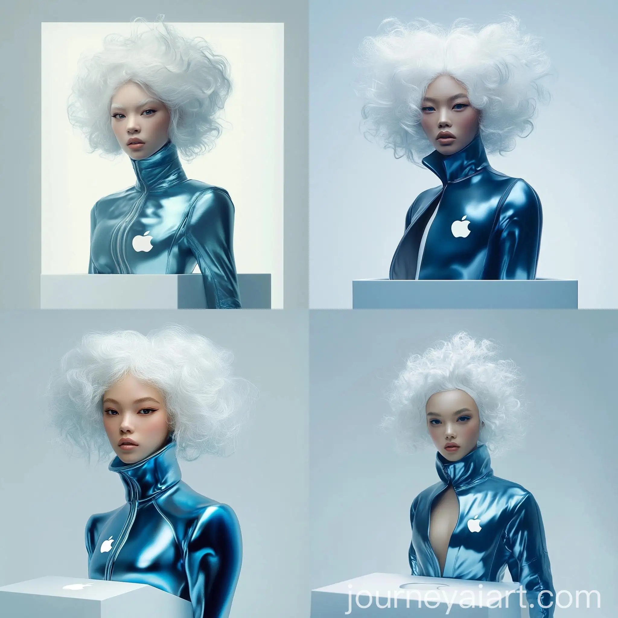 Futuristic-Woman-in-Metallic-Blue-Coat-with-Apple-Logo