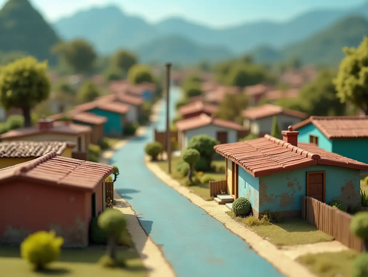 Suburban neighborhood of Rio de Janeiro in the 80s, modeled as a clay maquette for stopmotion animation background.