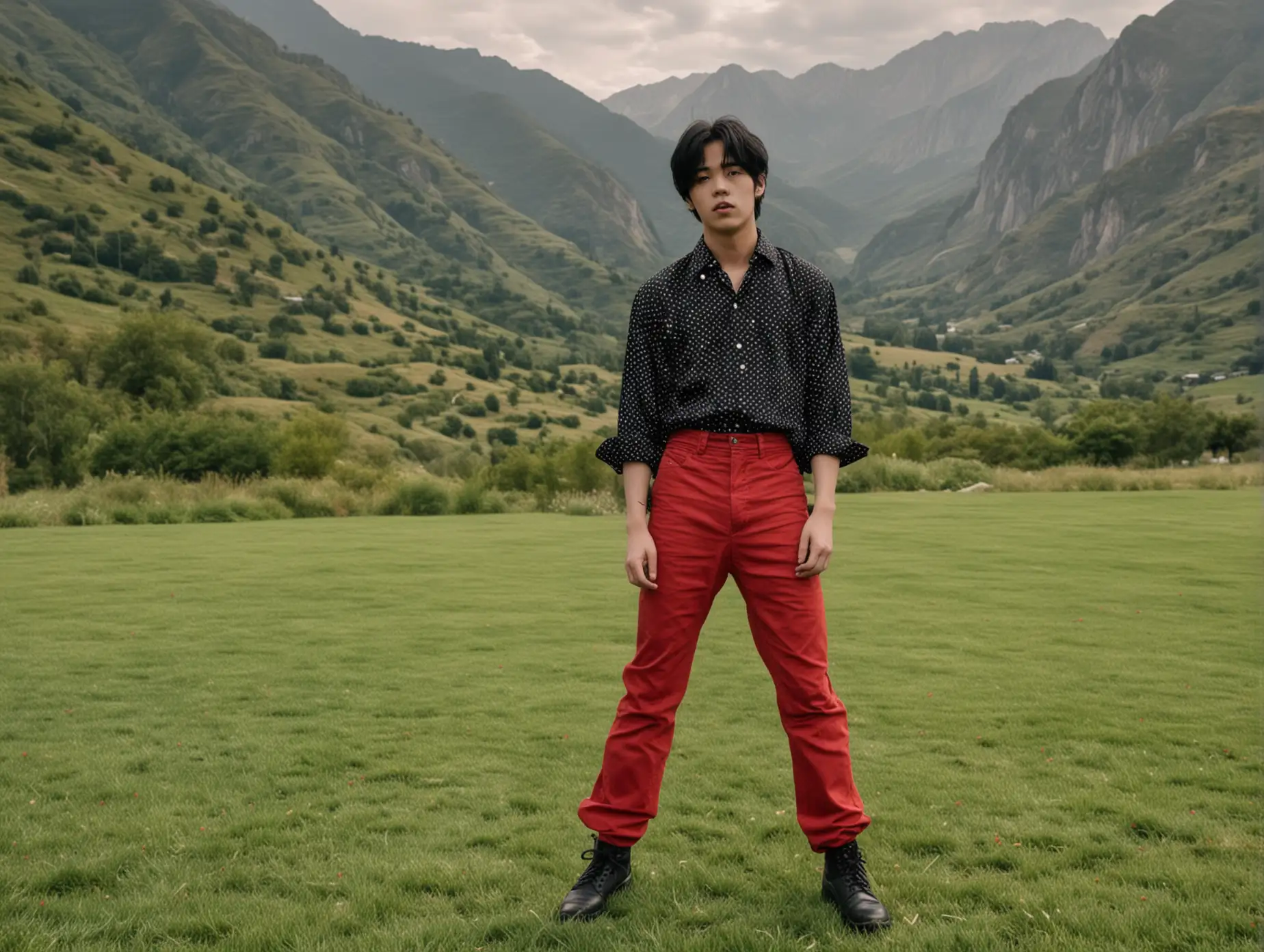 BTS-V-Standing-in-PolkaDot-Shirt-and-Red-Pants-with-Mountain-Landscape-Background