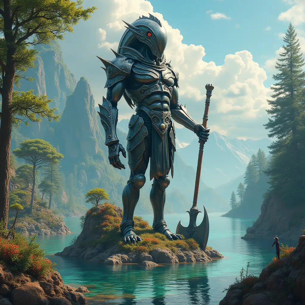 Hyperrealistic portrait of a 15 meter tall gpanzerter metal alien king with an ax in the sea on a rock with plants among intricately detailed, colorful forested planetary background