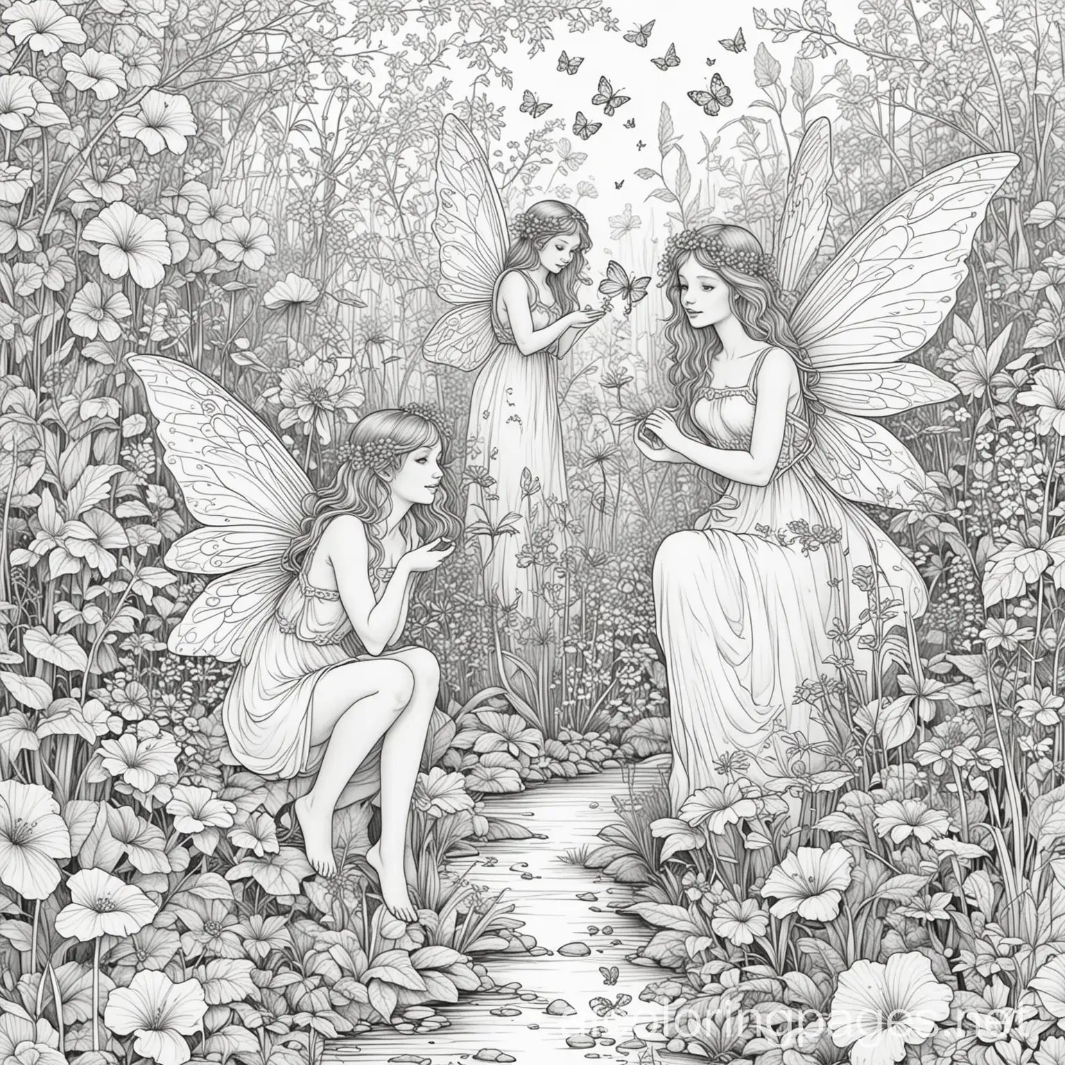 fairies in a dreamy garden, Coloring Page, black and white, line art, white background, Simplicity, Ample White Space