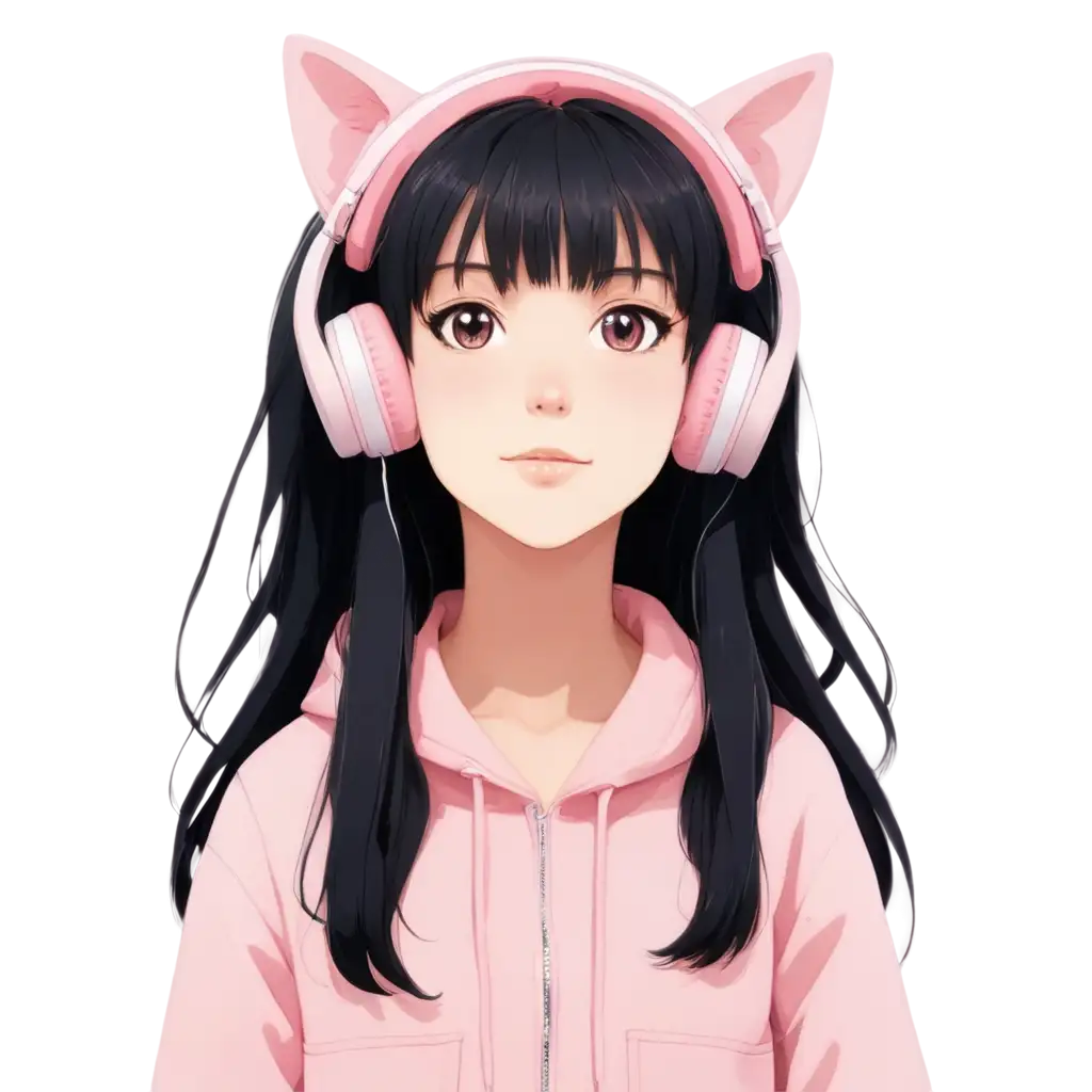 (anime screencap:1.5), Stylized light skin gyaru anime character wearing a pastel pink crocheted jacket,and wearing pink pastel cat headphones. Ear piercing, black hair flowing in motion.look.Subtle fog effects, creating a dreamlike atmosphere.dangling, looking at the camera thoughtfully.