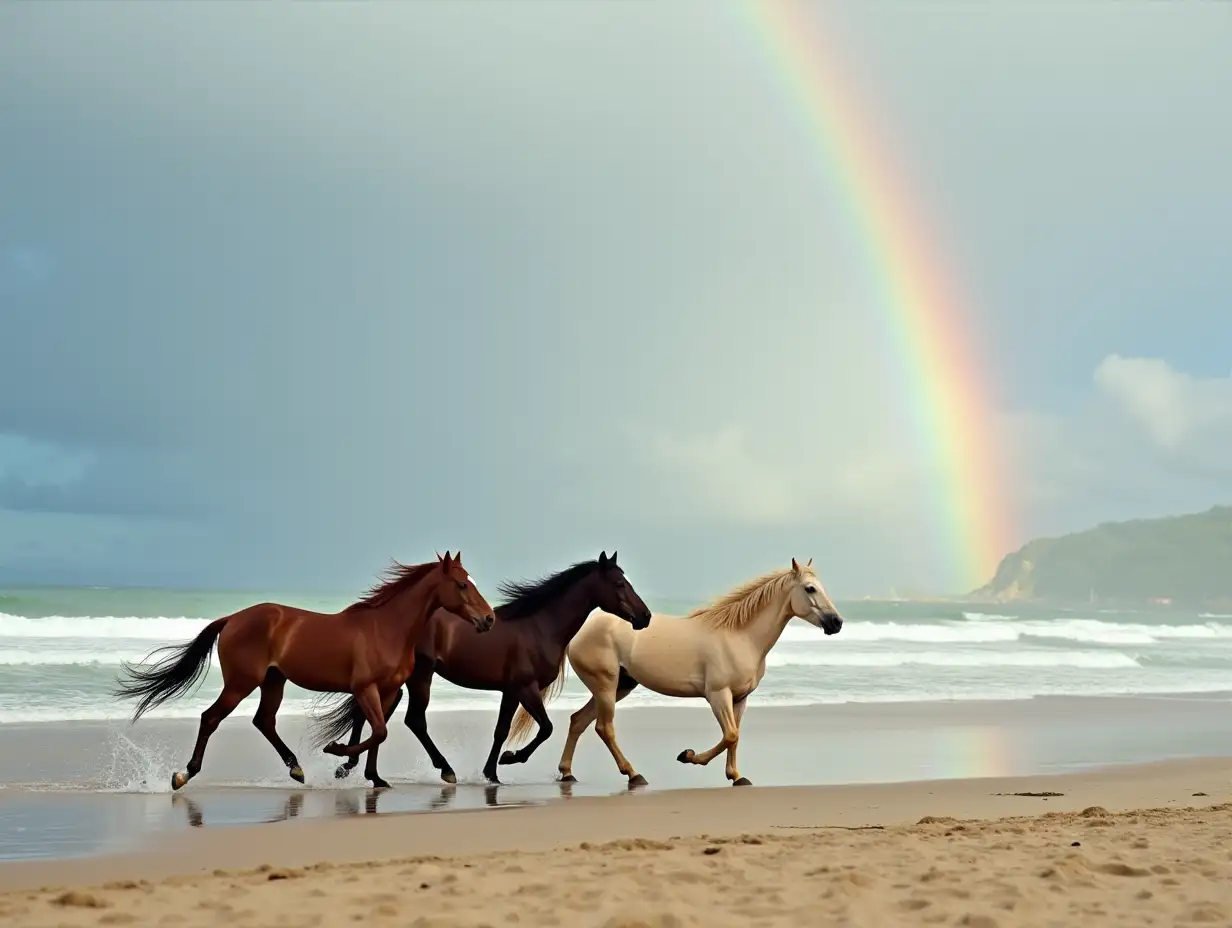 Horses running on the beach again,rainbow