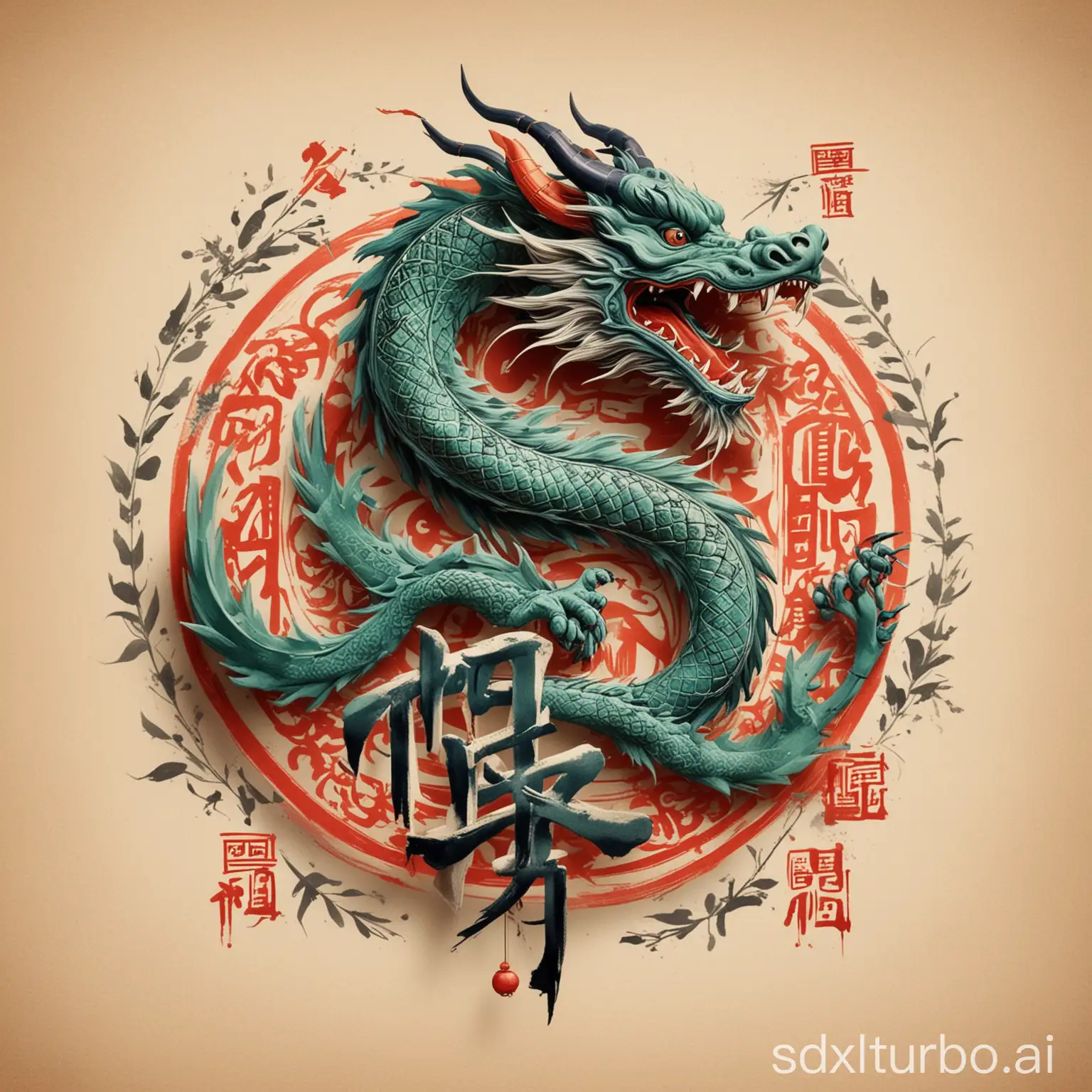a traditional dragon, calligraphy, bamboo, and iconic symbols. The design should blend vibrant colors and modern typography on a simple background, creating a contemporary yet respectful representation of traditional Chinese aesthetics