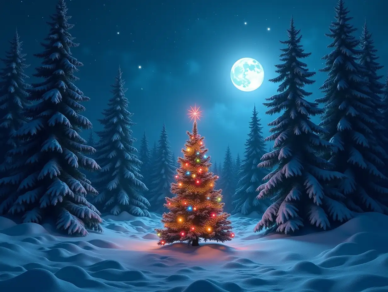 A realistic and high-quality 4K image of a magical, mysterious winter forest at night. The forest features towering snow-covered evergreen trees under a clear, starry sky with a full moon casting soft light across the scene. At the center, a small, beautifully decorated Christmas tree glows warmly with colorful ornaments, garlands, and a red star shining brightly on top. The surrounding forest feels dark, eerie, and enchanting, with thick snowdrifts creating a sense of quiet isolation.