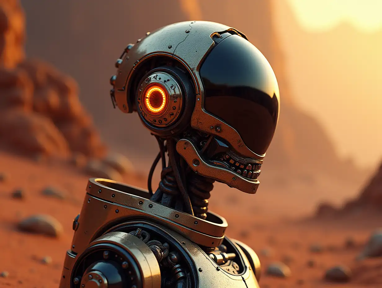 Erstellen Sie ein hochauflösendes, realistisches bild von der künstliche Intelligenz zwei meter großen Robert mit Oberkörper beine und füße with metal and Glas Kopf auf dem Mars mit Zahnräder,llichtwellenleiter,led Lich 4k auflösung mit    