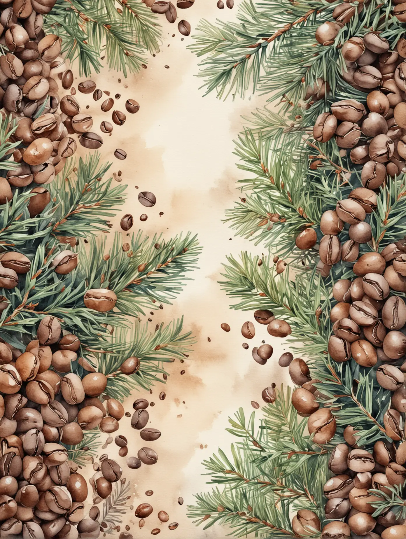 Watercolor-Painting-of-Coffee-Beans-and-Pine-Branches