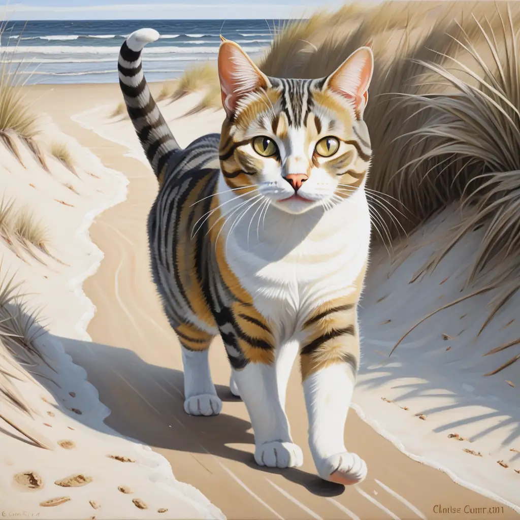 Gold and Gray Tabby Cat Walking on Sandy Beach Path