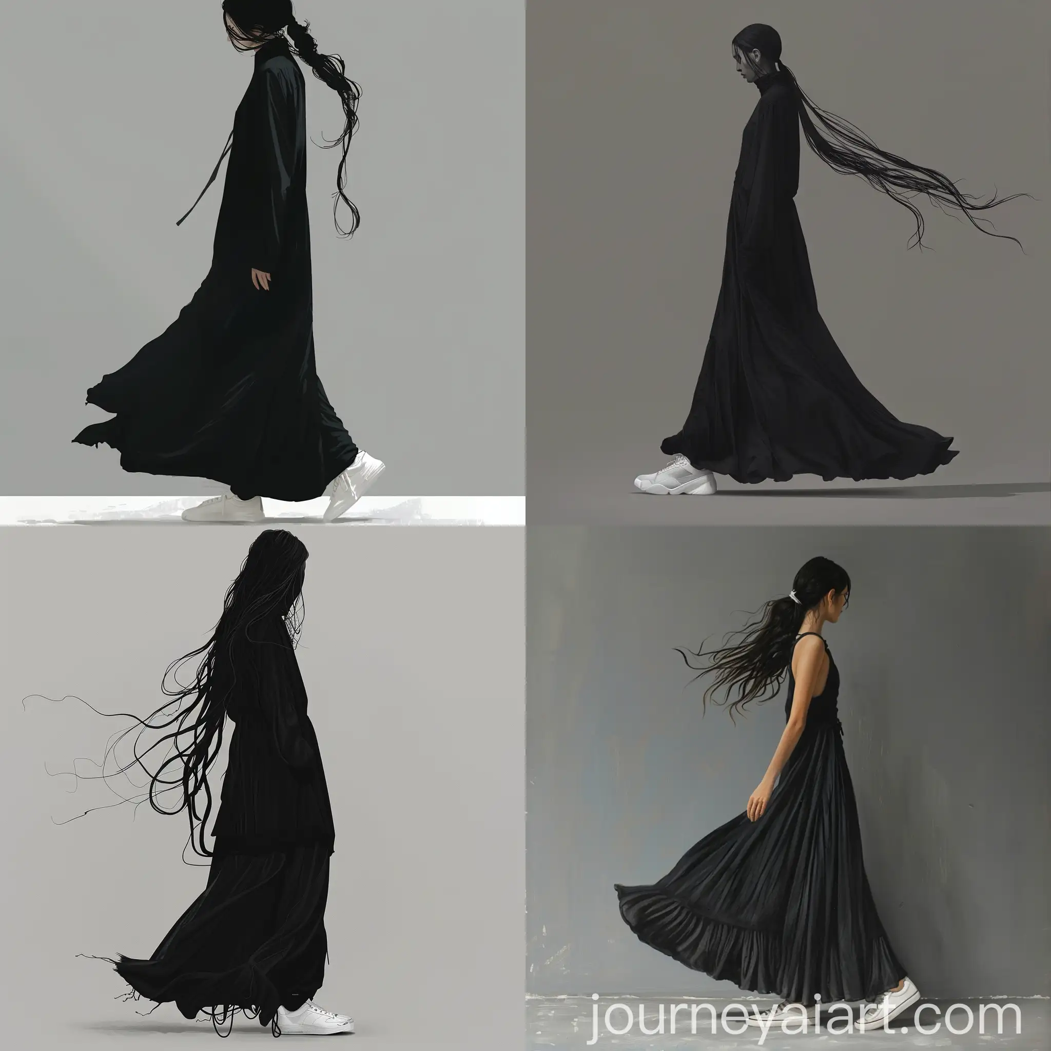 Elegant-Woman-in-Black-Dress-with-Tied-Hair-on-Gray-Background
