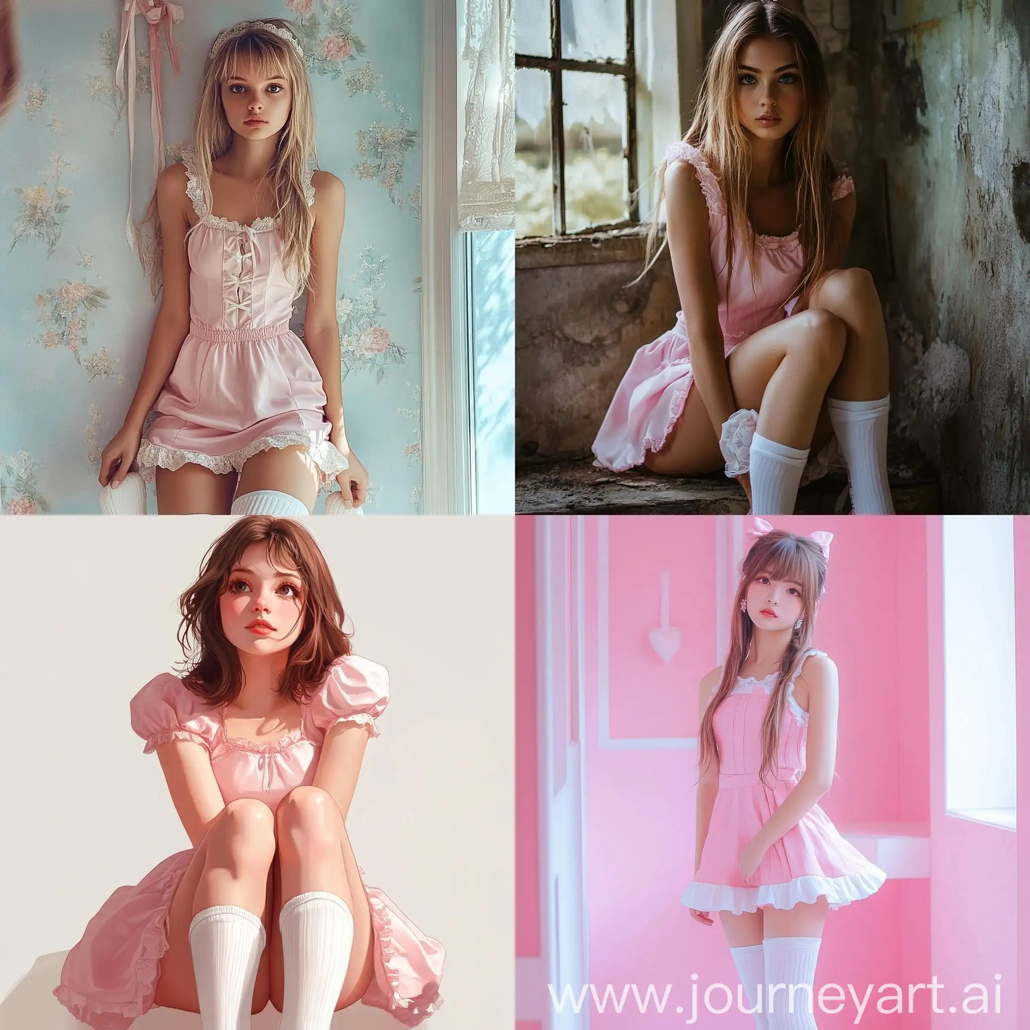 Adorable-Girl-in-Pink-Dress-and-White-OverKnee-Socks