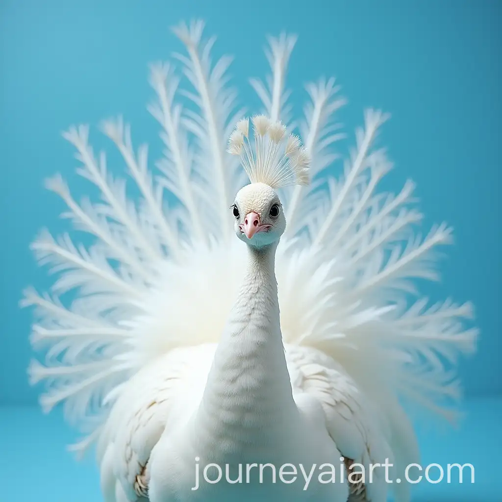 Closeup-of-Albino-Peacock-with-Fanned-Tail-and-Light-Blue-Eyes-on-Blue-Background